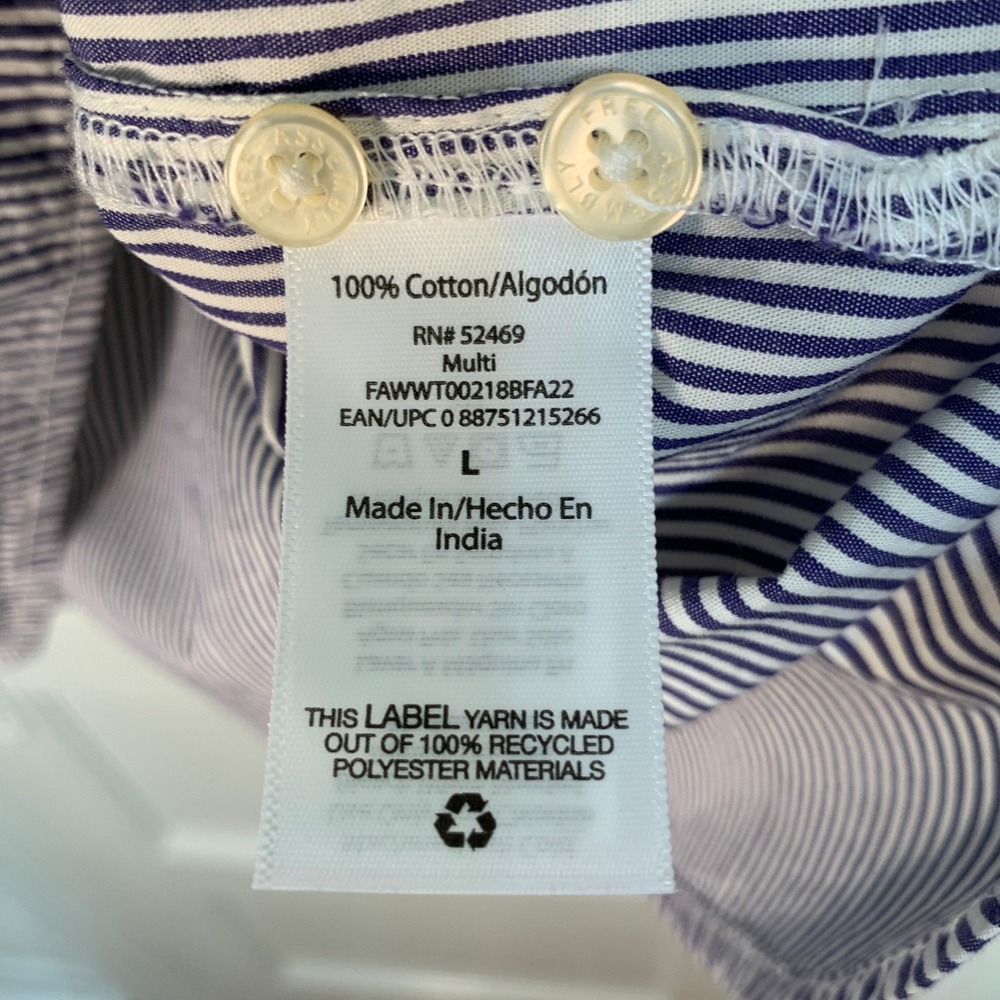 Free Assembly Blouse Blue White Striped Ruffle Shoulder Button 80s Preppy / SZ L - Picture 11 of 11